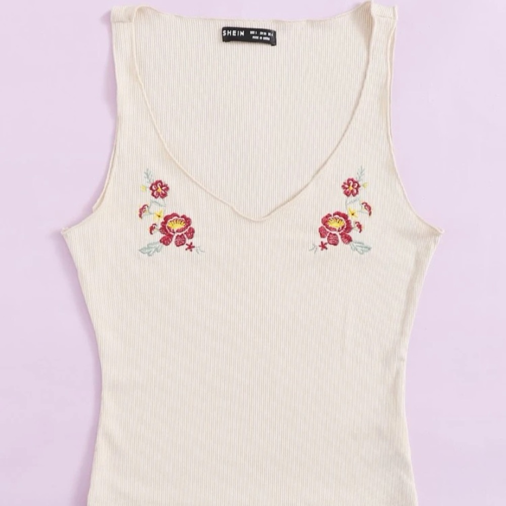 Beige Floral Embroidered Rib-Knit Tank Top